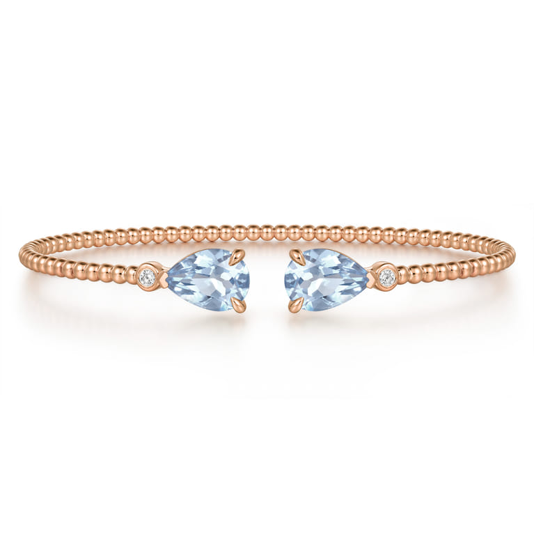 14K Rose Gold Diamond and Pear Shape Aquamarine Bujukan Bangle - 0.07 ct - Shot 1