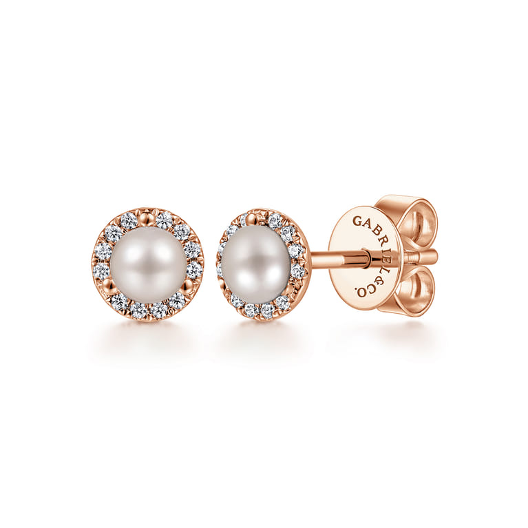 14K Rose Gold Diamond and Pearl stud Earrings - Shot 1