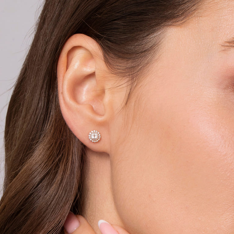 14K Rose Gold Diamond and Pearl stud Earrings - Shot 2