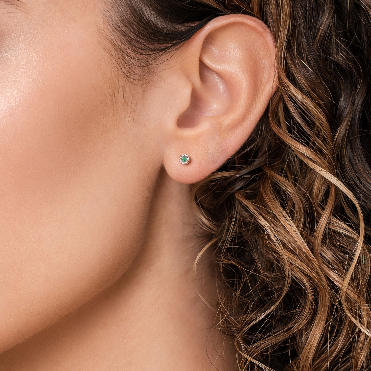 14K Rose Gold Emerald and Diamond Halo Stud Earrings