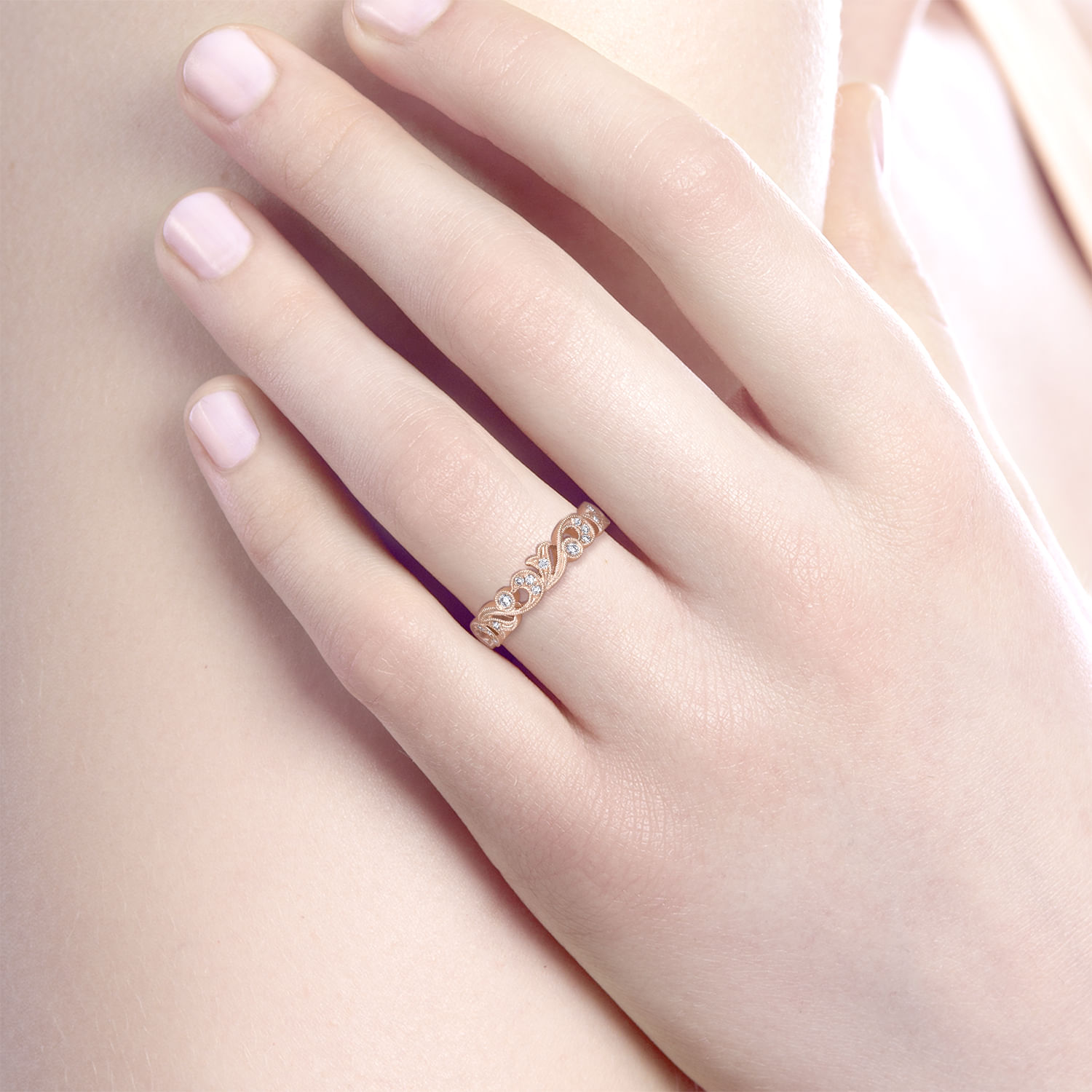 14K Rose Gold Floral Diamond Anniversary Band with Milgrain