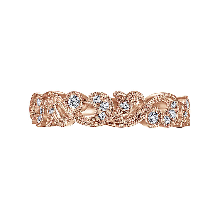 14K Rose Gold Floral Diamond Anniversary Band with Milgrain