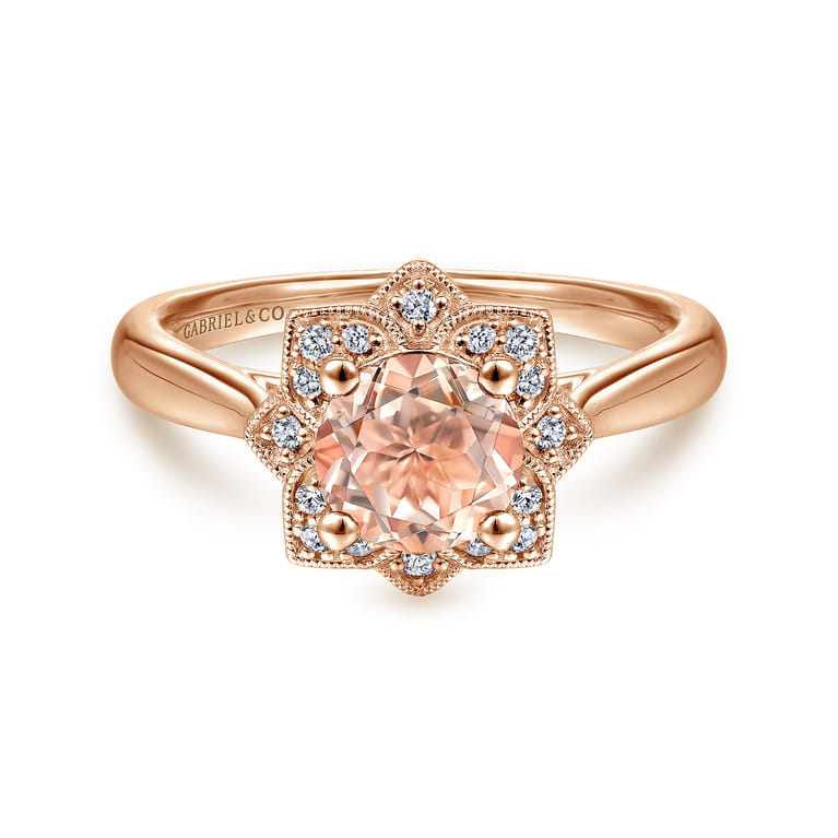 14K Rose Gold Floral Diamond Halo Round Morganite Ring - 0.09 ct - Shot 1