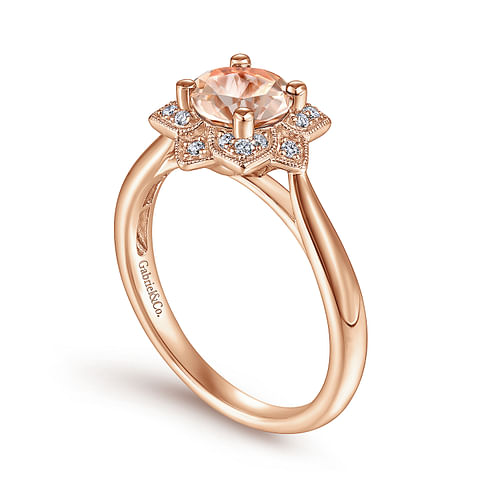 14K Rose Gold Floral Diamond Halo Round Morganite Ring - 0.09 ct - Shot 3