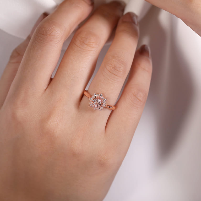 14K Rose Gold Floral Diamond Halo Round Morganite Ring - 0.09 ct - Shot 5