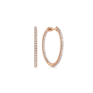 14K Rose Gold French Pave 20mm Round Inside Out Diamond Hoop Earrings