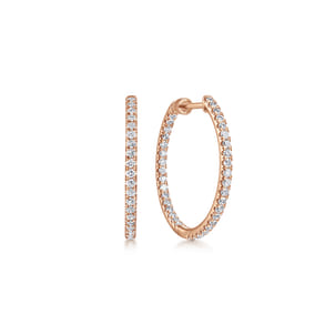 14K Rose Gold French Pave 20mm Round Inside Out Diamond Hoop Earrings