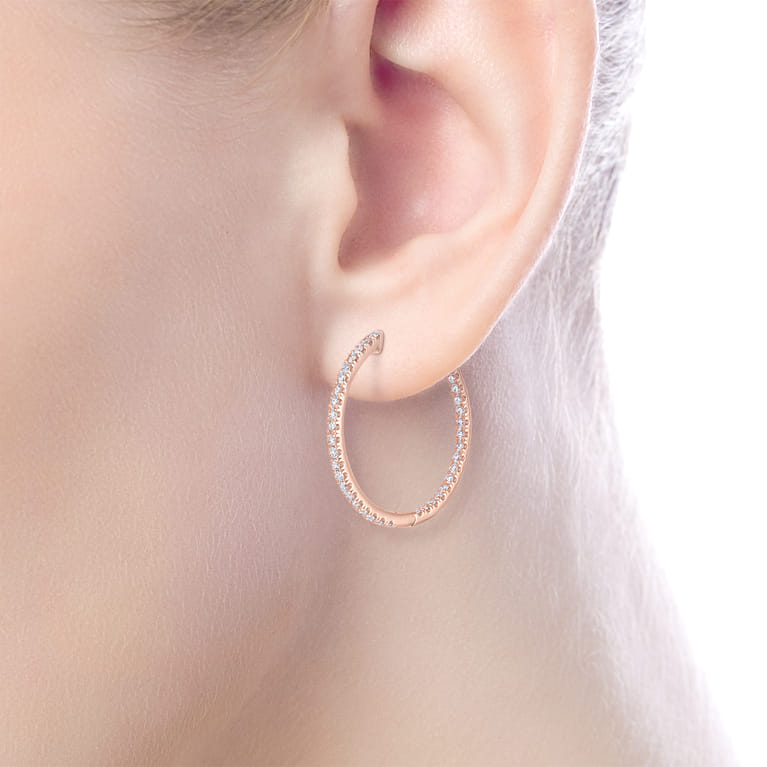 14K Rose Gold French Pave 20mm Round Inside Out Diamond Hoop Earrings - 0.75 ct - Shot 2