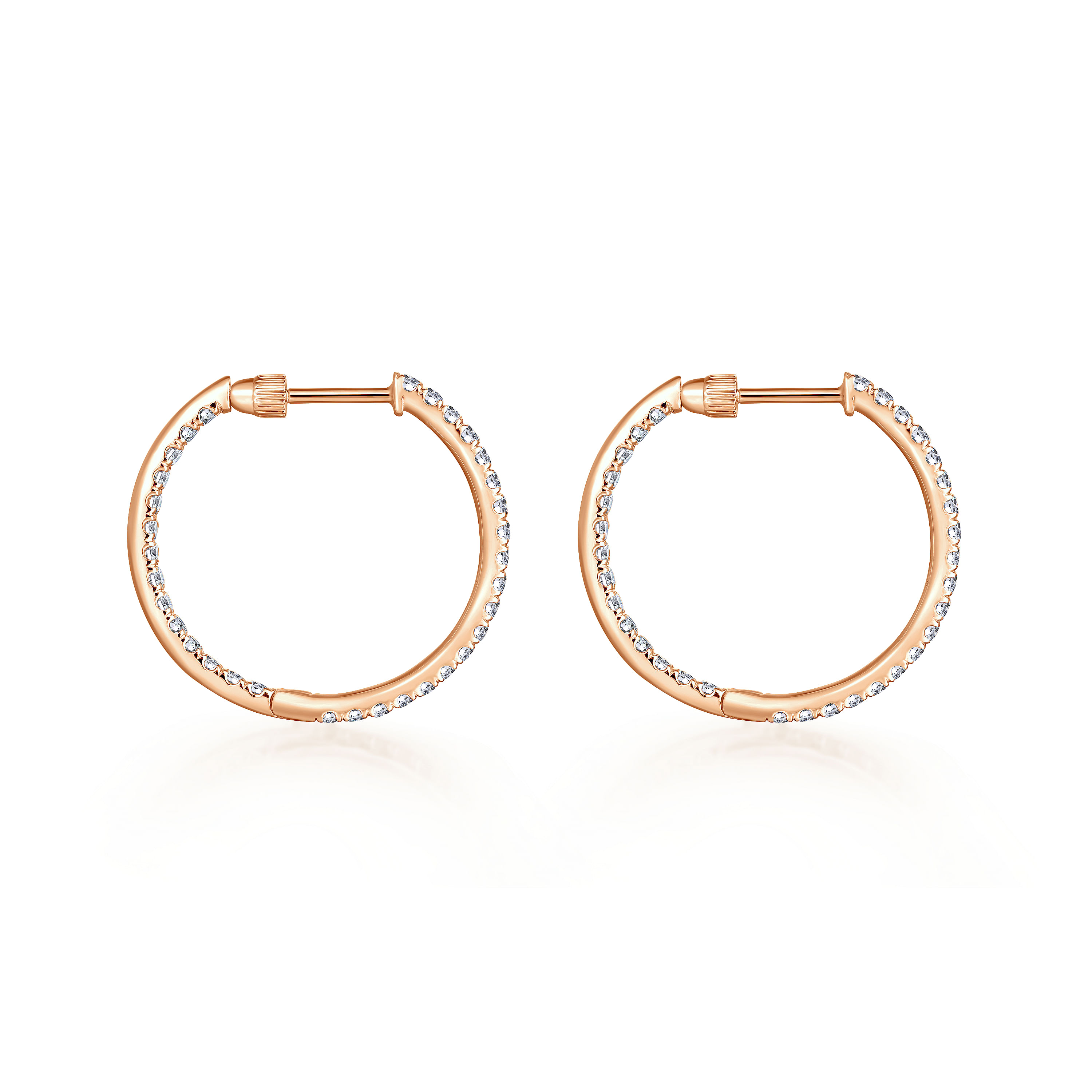 14K Rose Gold French Pave 20mm Round Inside Out Diamond Hoop Earrings