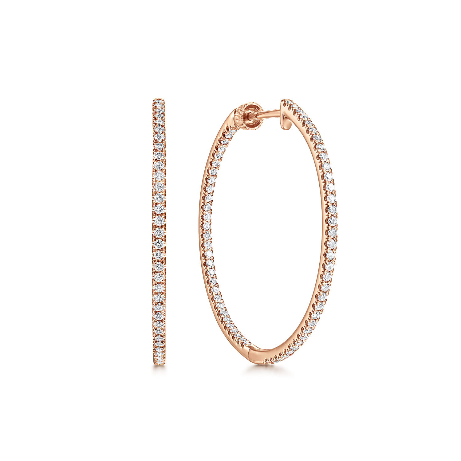 14K Rose Gold French Pave 30mm Round Inside Out Diamond Hoop Earrings - 0.75 ct - Shot 1