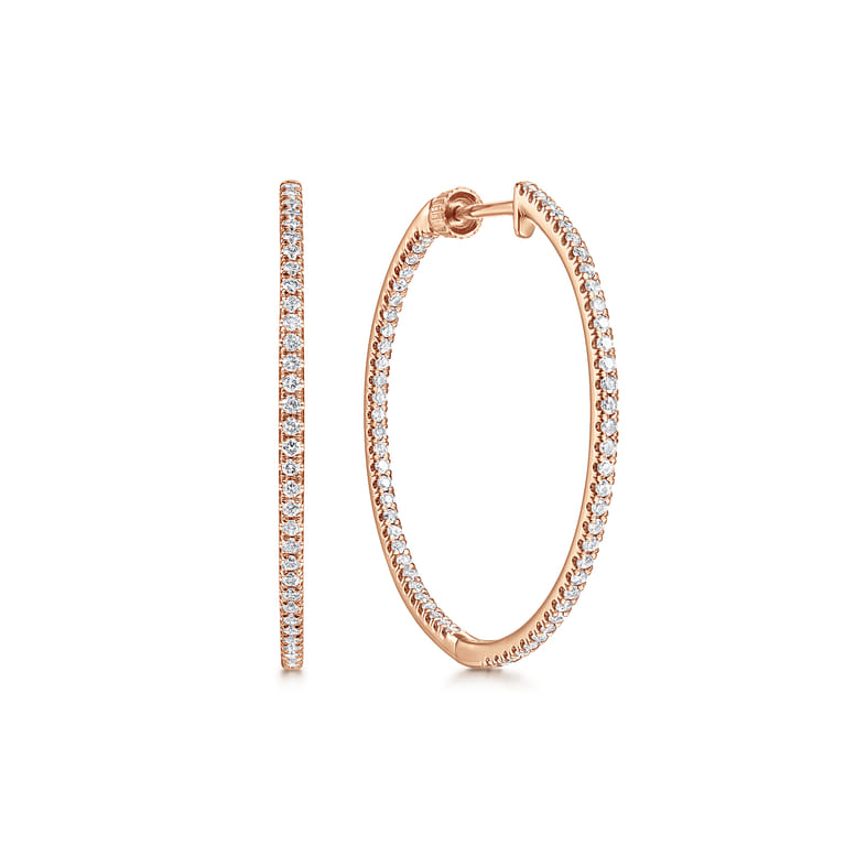 14K Rose Gold French Pave 30mm Round Inside Out Diamond Hoop Earrings - 0.75 ct - Shot 1
