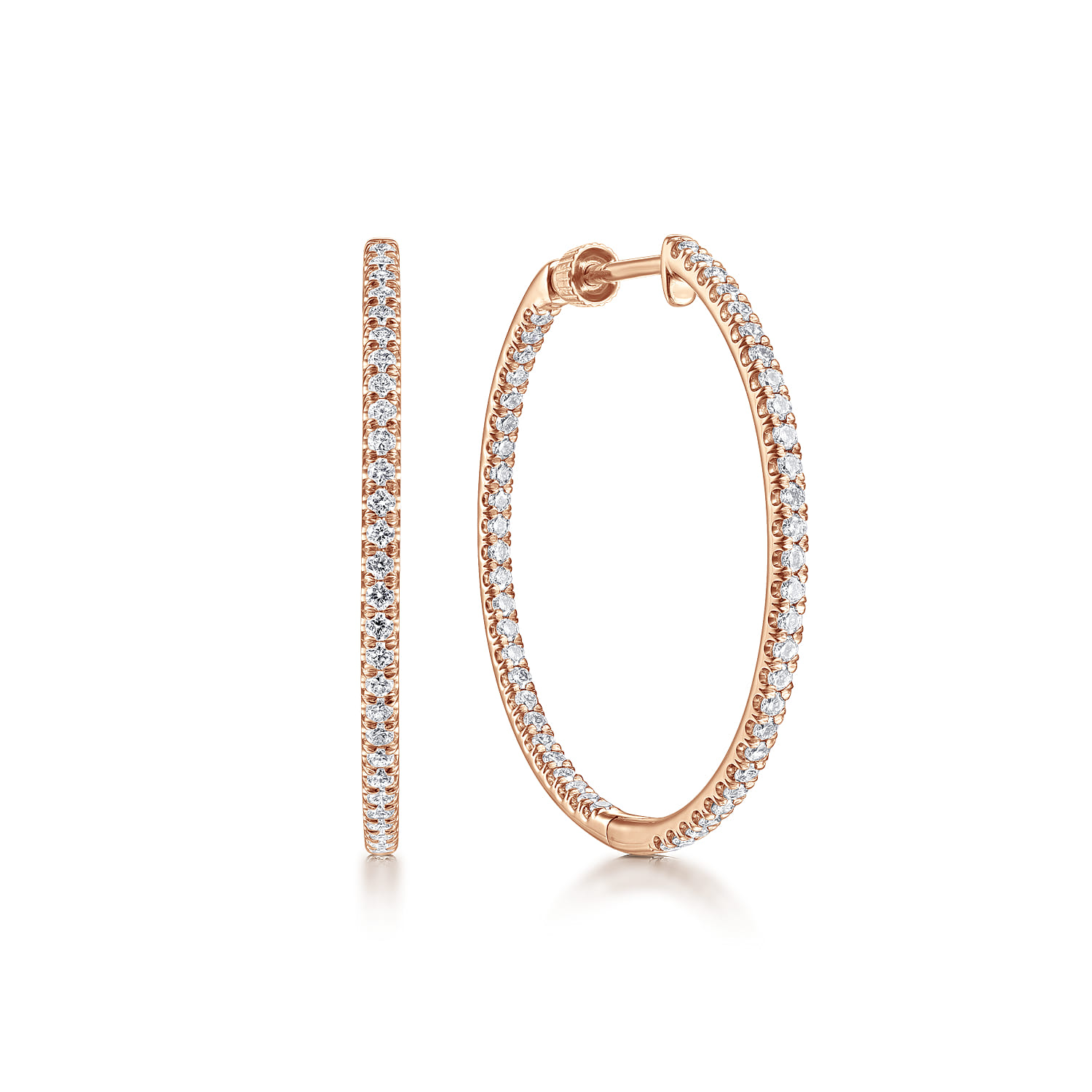 14K Rose Gold French Pave 30mm Round Inside Out Diamond Hoop Earrings - 1 ct - Shot 1