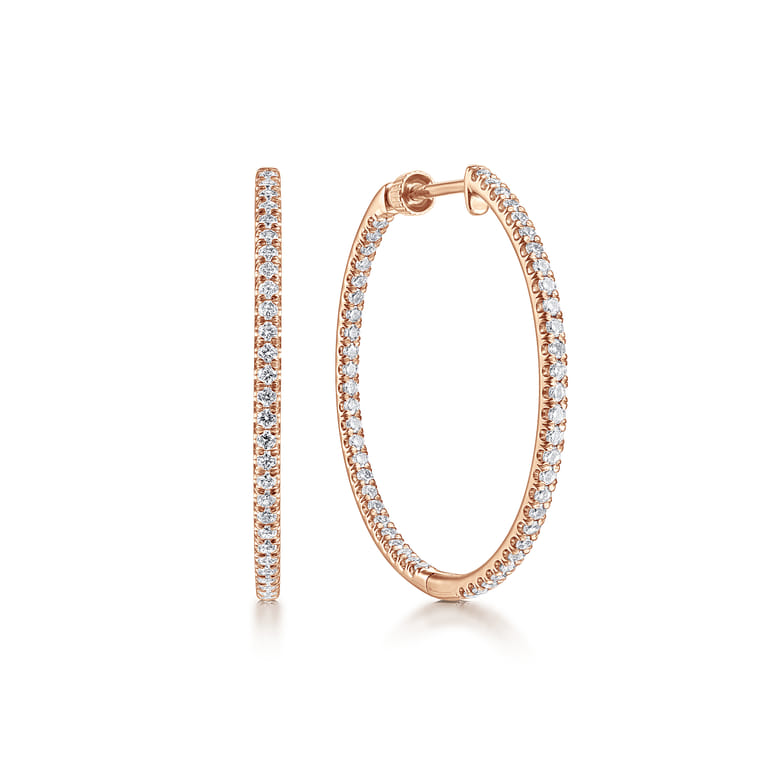 14K Rose Gold French Pave 30mm Round Inside Out Diamond Hoop Earrings - 1 ct - Shot 1