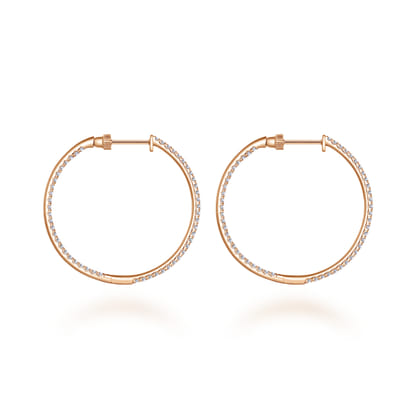 14K Rose Gold French Pave 30mm Round Inside Out Diamond Hoop Earrings