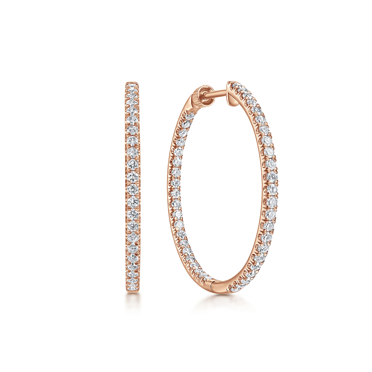 14K Rose Gold French Pave 30mm Round Inside Out Diamond Hoop Earrings