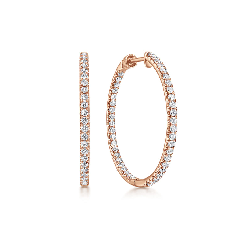 14K Rose Gold French Pave 30mm Round Inside Out Diamond Hoop Earrings - 1.45 ct - Shot 1