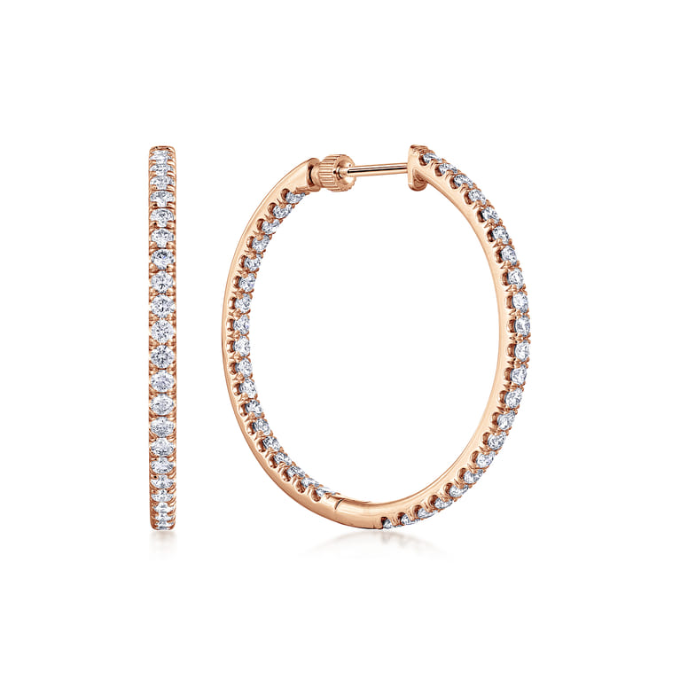 14K Rose Gold French Pave 30mm Round Inside Out Diamond Hoop Earrings - 1.9 ct - Shot 1