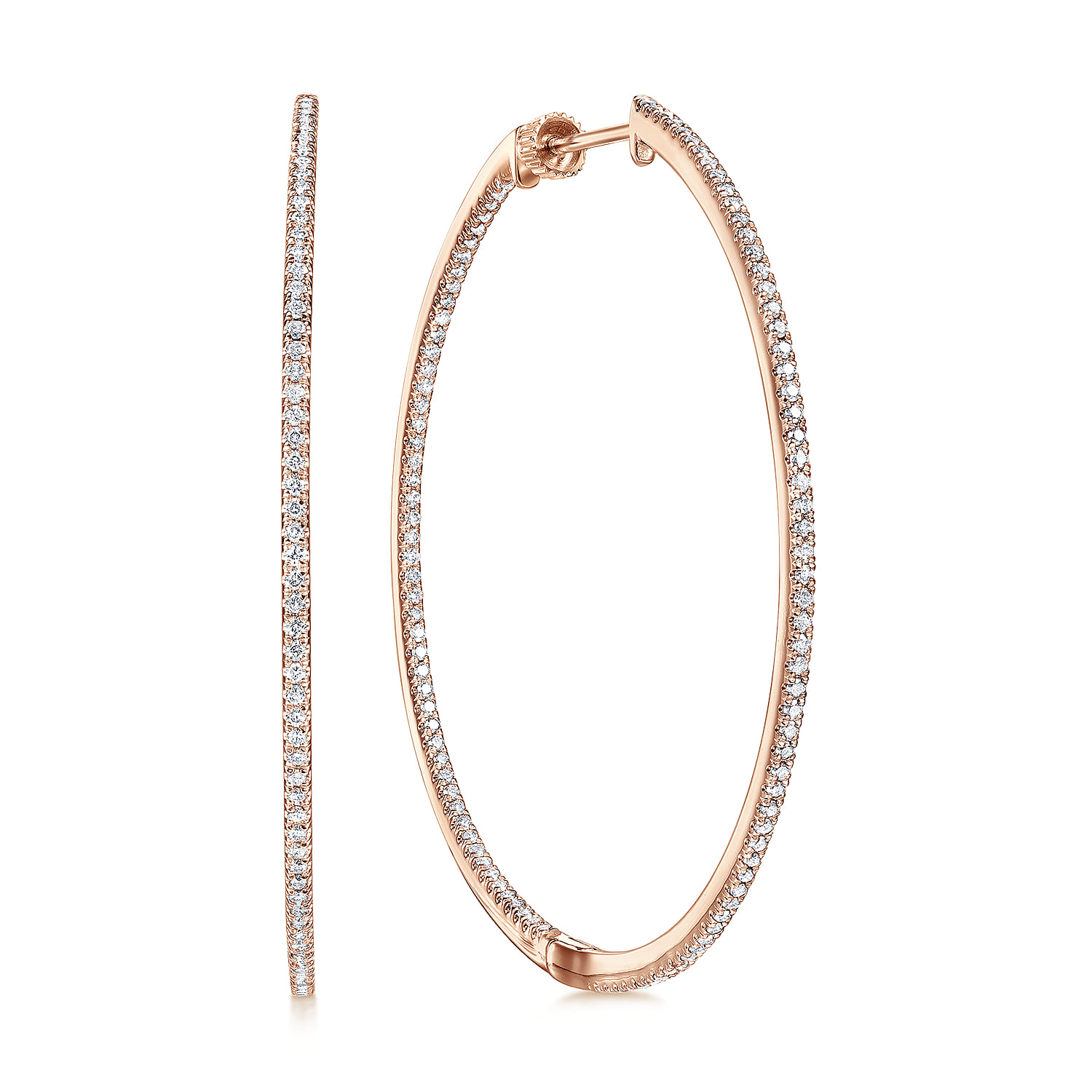 14K Rose Gold French Pave 50mm Round Inside Out Diamond Classic Hoop Earrings - 1.3 ct - Shot 1