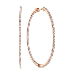 14K Rose Gold French Pave 50mm Round Inside Out Diamond Classic Hoop Earrings