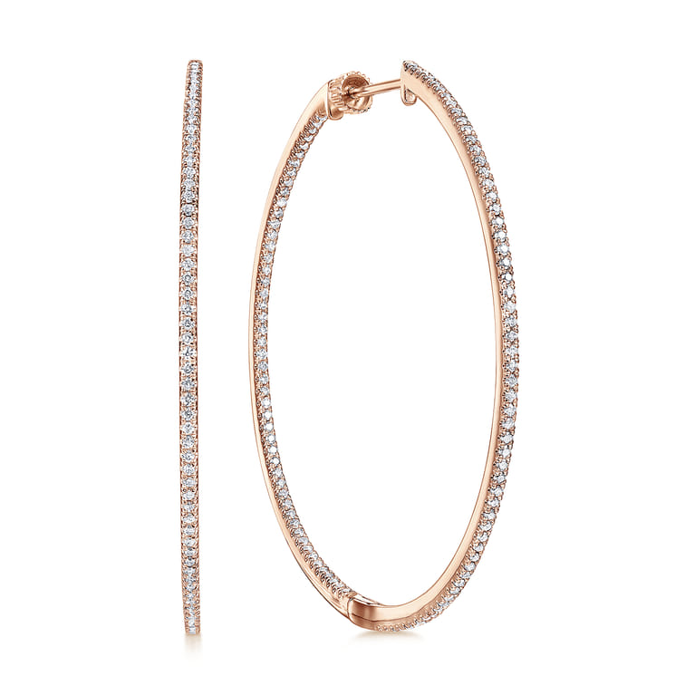 14K Rose Gold French Pave 50mm Round Inside Out Diamond Classic Hoop Earrings - 1.3 ct - Shot 1