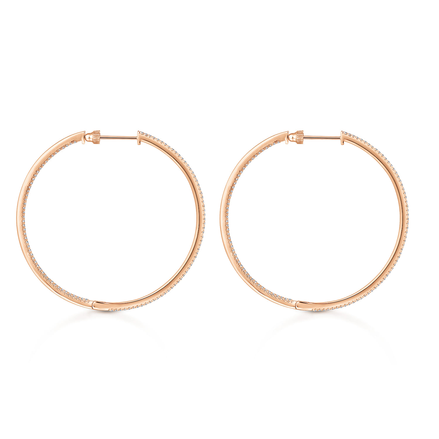 14K Rose Gold French Pave 50mm Round Inside Out Diamond Classic Hoop Earrings - 1.3 ct - Shot 2