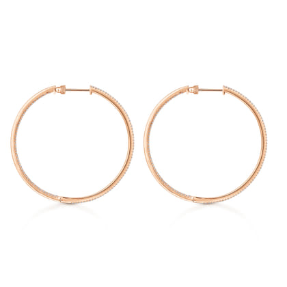 14K Rose Gold French Pave 50mm Round Inside Out Diamond Classic Hoop Earrings
