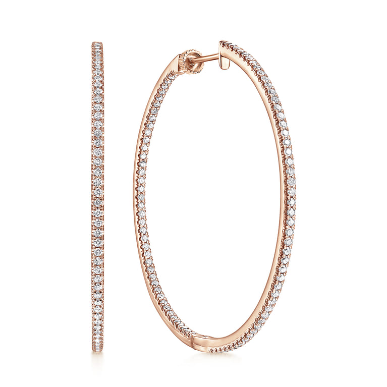 14K Rose Gold French Pave 50mm Round Inside Out Diamond Hoop Earrings - 1.9 ct - Shot 1