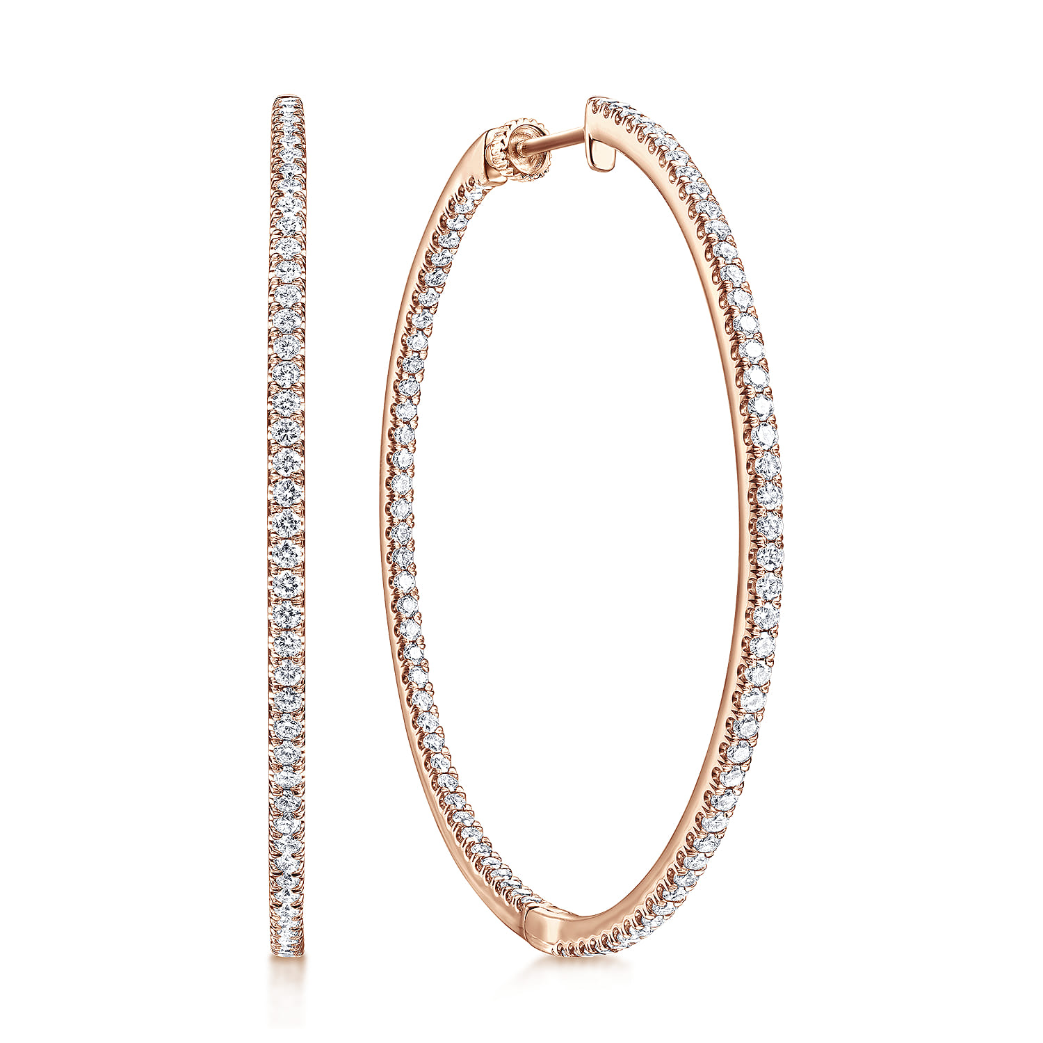 14K Rose Gold French Pave 50mm Round Inside Out Diamond Hoop Earrings - 2.4 ct - Shot 1