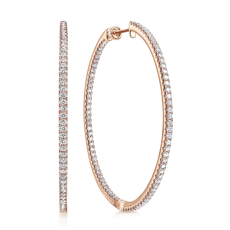 14K Rose Gold French Pave 50mm Round Inside Out Diamond Hoop Earrings - 2.4 ct - Shot 1