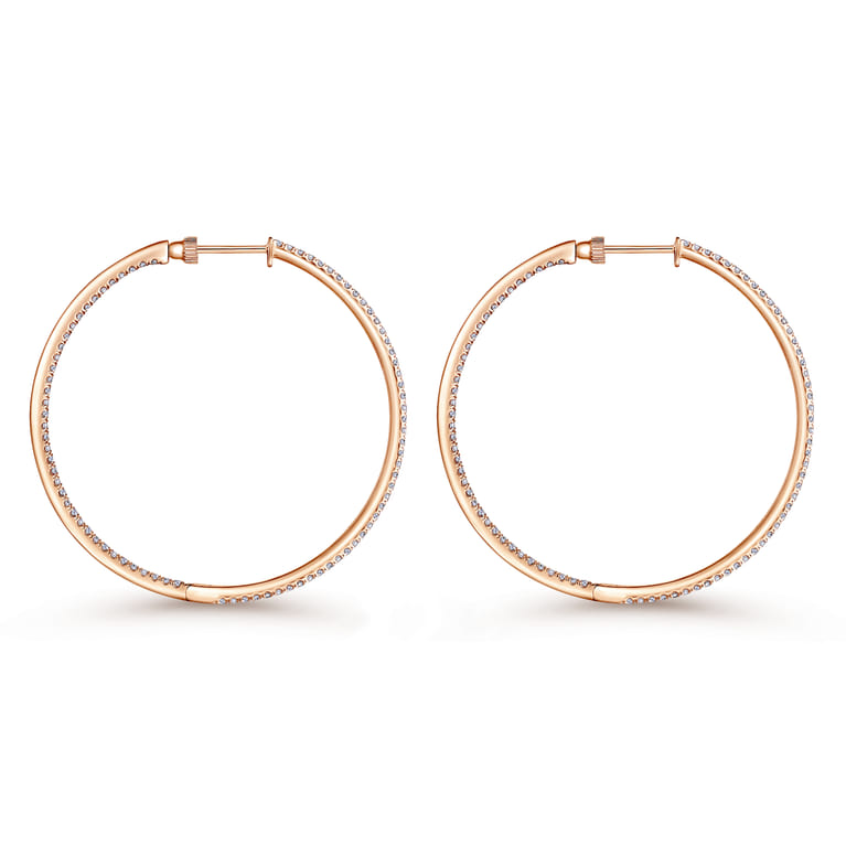 14K Rose Gold French Pave 50mm Round Inside Out Diamond Hoop Earrings - 2.4 ct - Shot 2