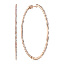 14K Rose Gold French Pave 60mm Round Inside Out Diamond Classic Hoop Earrings