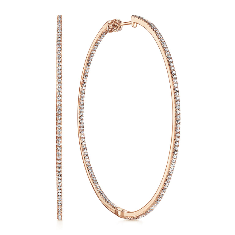 14K Rose Gold French Pave 60mm Round Inside Out Diamond Classic Hoop Earrings - 1.5 ct - Shot 1