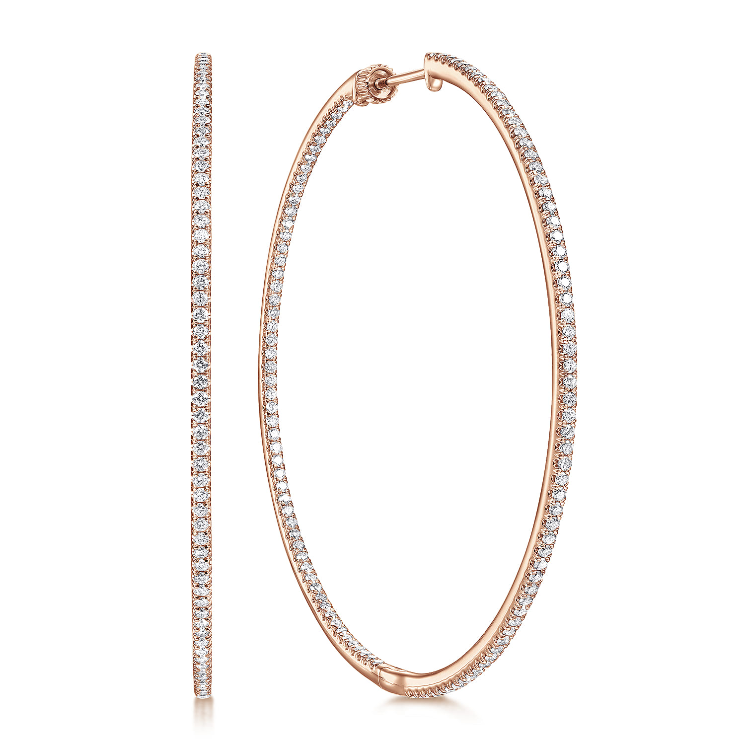 14K Rose Gold French Pave 60mm Round Inside Out Diamond Classic Hoop Earrings - 2.2 ct - Shot 1