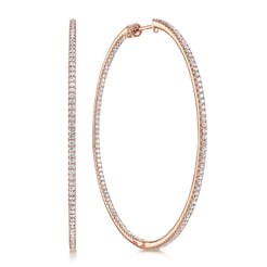 14K Rose Gold French Pave 60mm Round Inside Out Diamond Classic Hoop Earrings