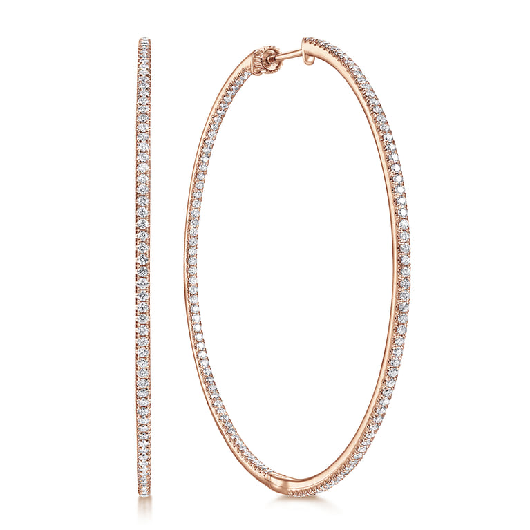14K Rose Gold French Pave 60mm Round Inside Out Diamond Classic Hoop Earrings - 2.2 ct - Shot 1