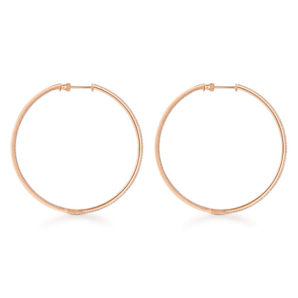 14K Rose Gold French Pave 60mm Round Inside Out Diamond Classic Hoop Earrings