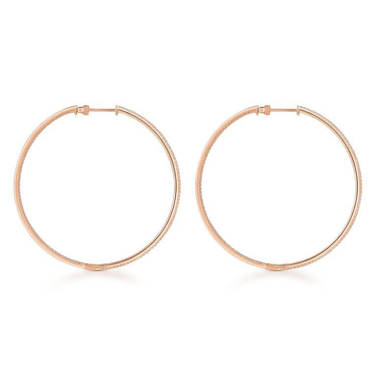 14K Rose Gold French Pave 60mm Round Inside Out Diamond Classic Hoop Earrings - 2.2 ct - Shot 2