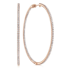 14K Rose Gold French Pave 60mm Round Inside Out Diamond Classic Hoop Earrings