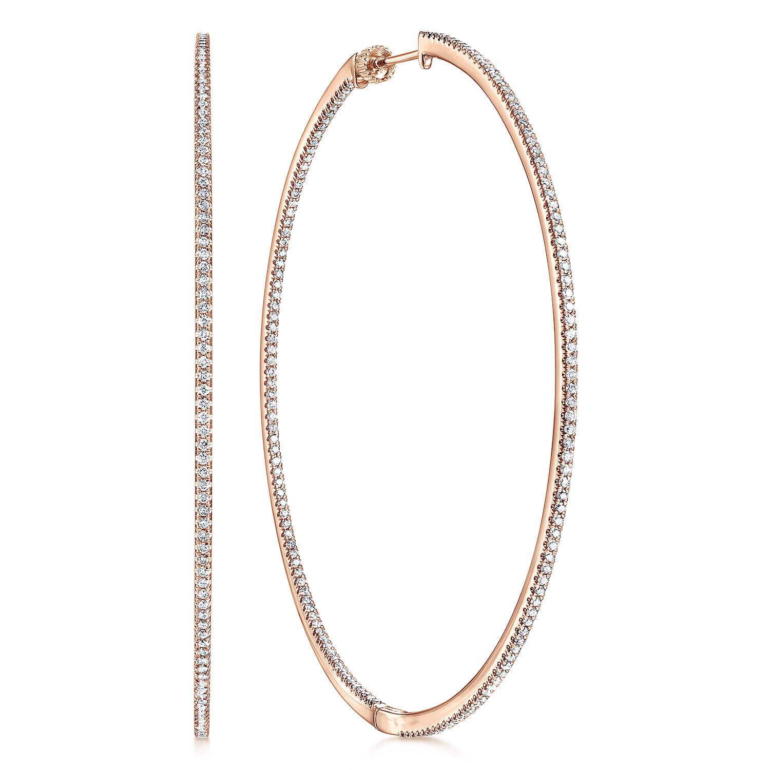 14K Rose Gold French Pave 70mm Round Inside Out Diamond Classic Hoop Earrings - 1.8 ct - Shot 1