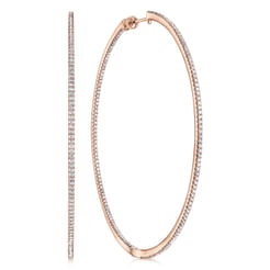 14K Rose Gold French Pave 70mm Round Inside Out Diamond Classic Hoop Earrings