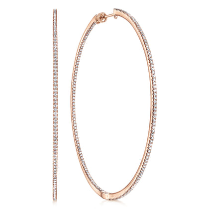 14K Rose Gold French Pave 70mm Round Inside Out Diamond Classic Hoop Earrings