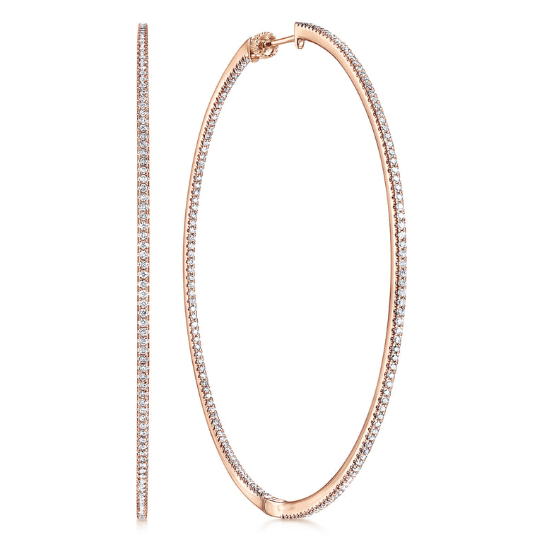 14K Rose Gold French Pave 70mm Round Inside Out Diamond Classic Hoop Earrings - 1.8 ct - Shot 1