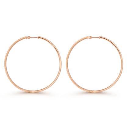 14K Rose Gold French Pave 70mm Round Inside Out Diamond Classic Hoop Earrings