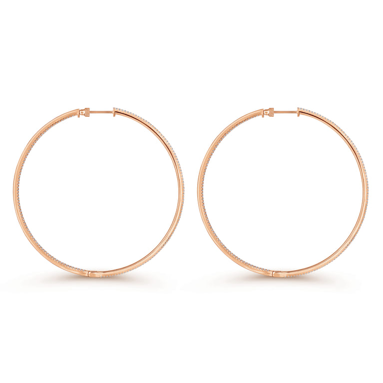 14K Rose Gold French Pave 70mm Round Inside Out Diamond Classic Hoop Earrings - 1.8 ct - Shot 2