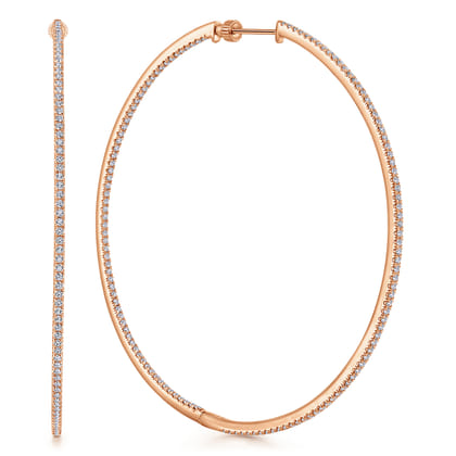 14K Rose Gold French Pave 70mm Round Inside Out Diamond Classic Hoop Earrings
