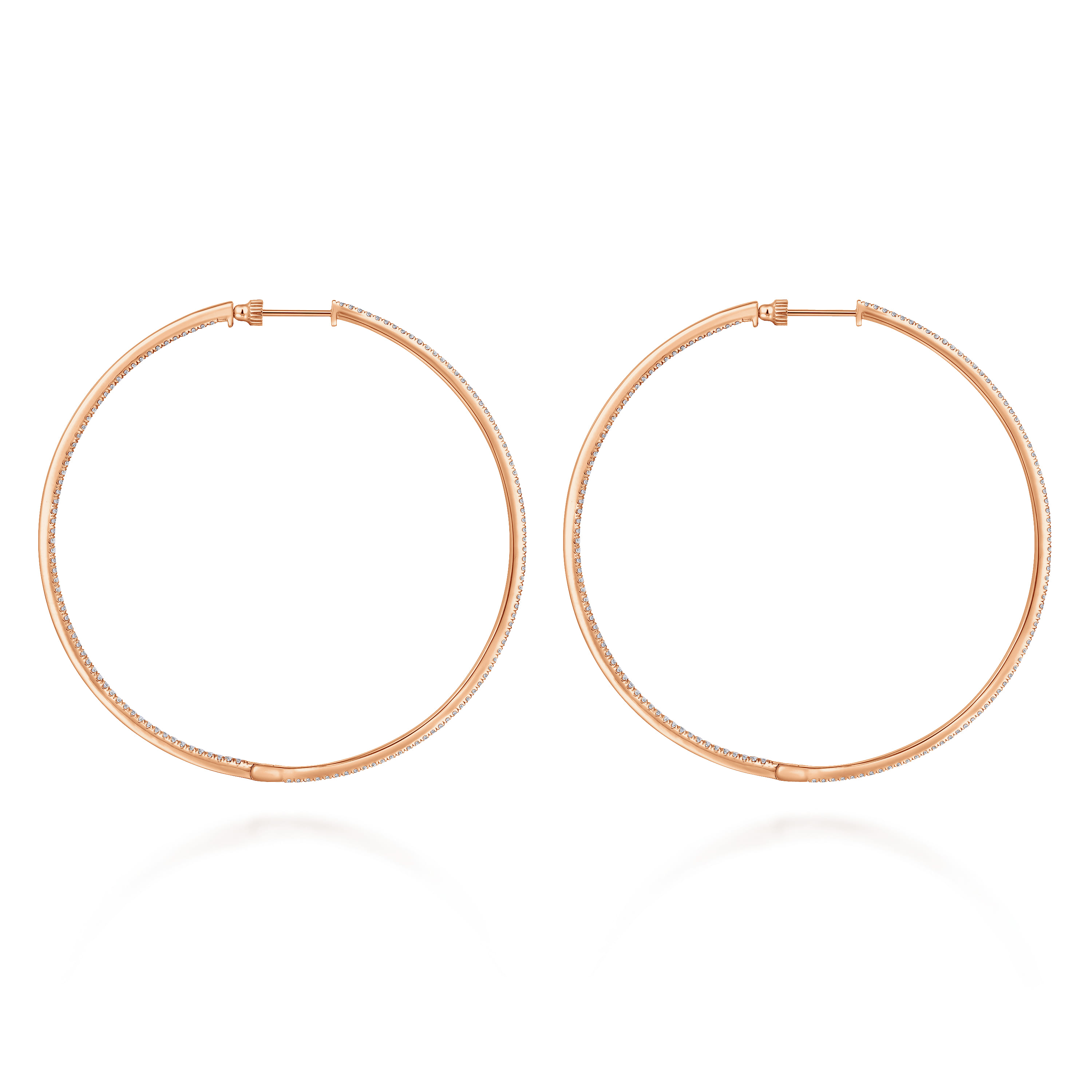 14K Rose Gold French Pave 70mm Round Inside Out Diamond Classic Hoop Earrings - 2.55 ct - Shot 2