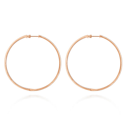 14K Rose Gold French Pave 70mm Round Inside Out Diamond Classic Hoop Earrings