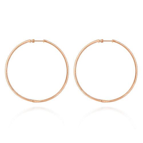 14K Rose Gold French Pave 70mm Round Inside Out Diamond Classic Hoop Earrings - 2.55 ct - Shot 2