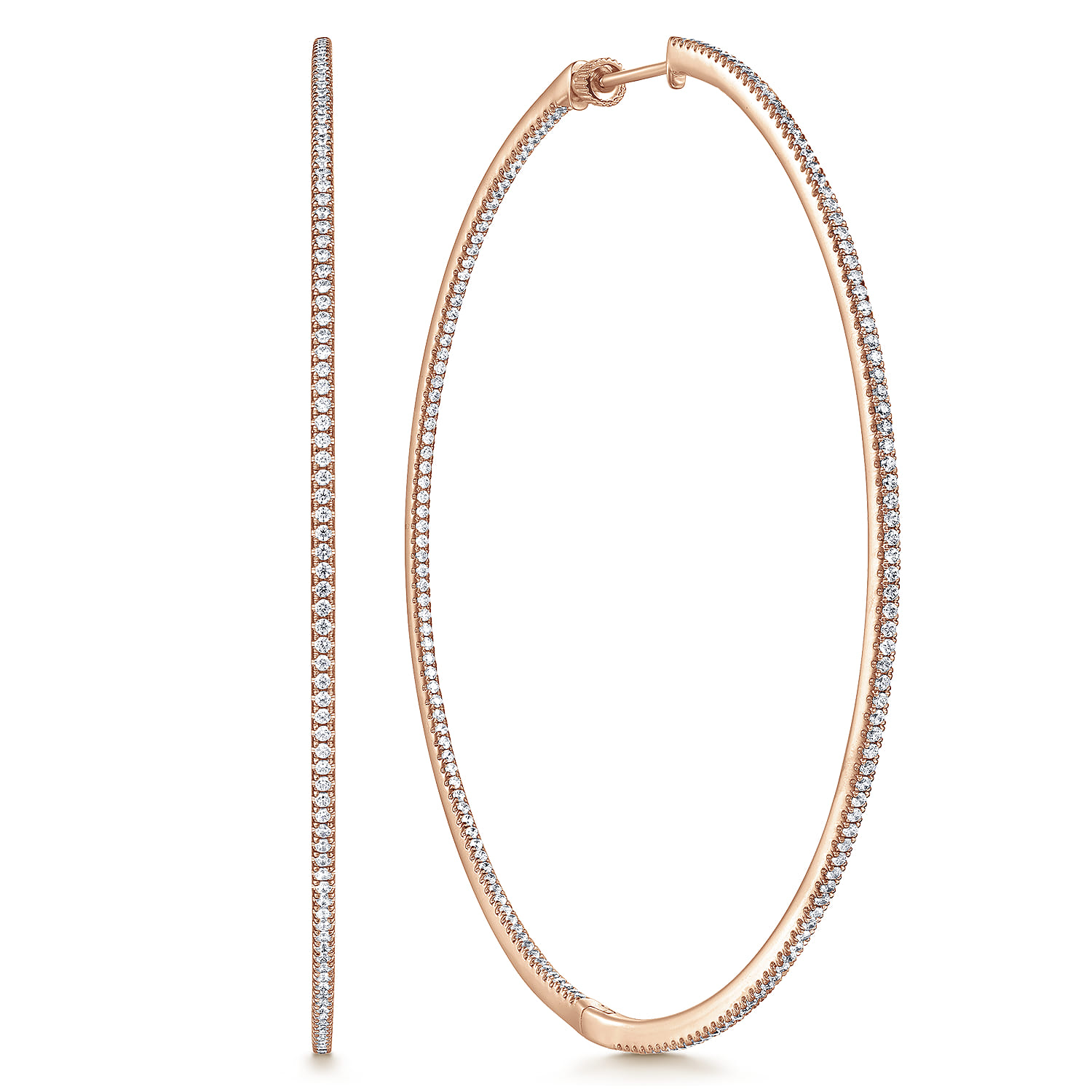14K Rose Gold French Pave 80mm Round Inside Out Diamond Hoop Earrings - 1.9 ct - Shot 1