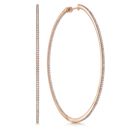 14K Rose Gold French Pave 80mm Round Inside Out Diamond Hoop Earrings